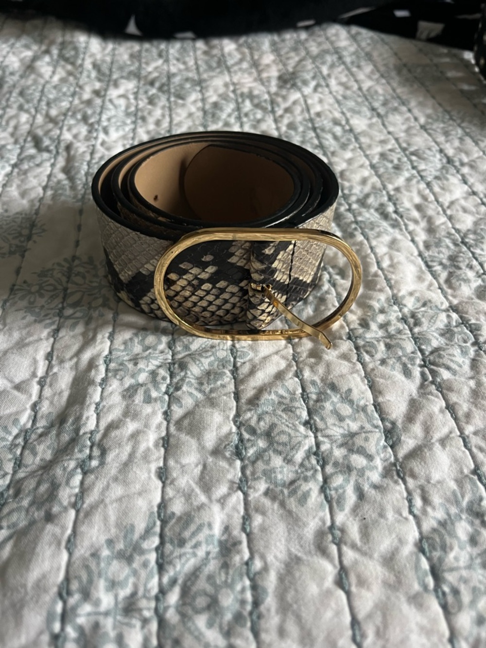 B-Low the Belt Snake-Print Leather Belt with Gold Oval Buckle - Black/Tan